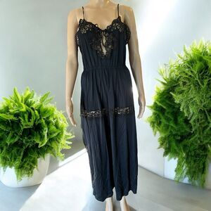 Vintage Black Nylon Nightgown Double Full Side Slit Long Lace V Neck S/M Sheer